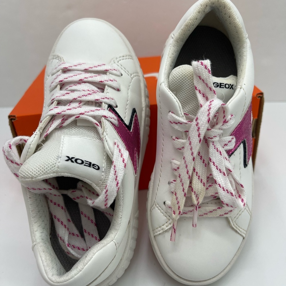 Geox Kids White Leather Sneakers with Pink Lightning Bolt with orthopedic insole - Picture 5 of 16